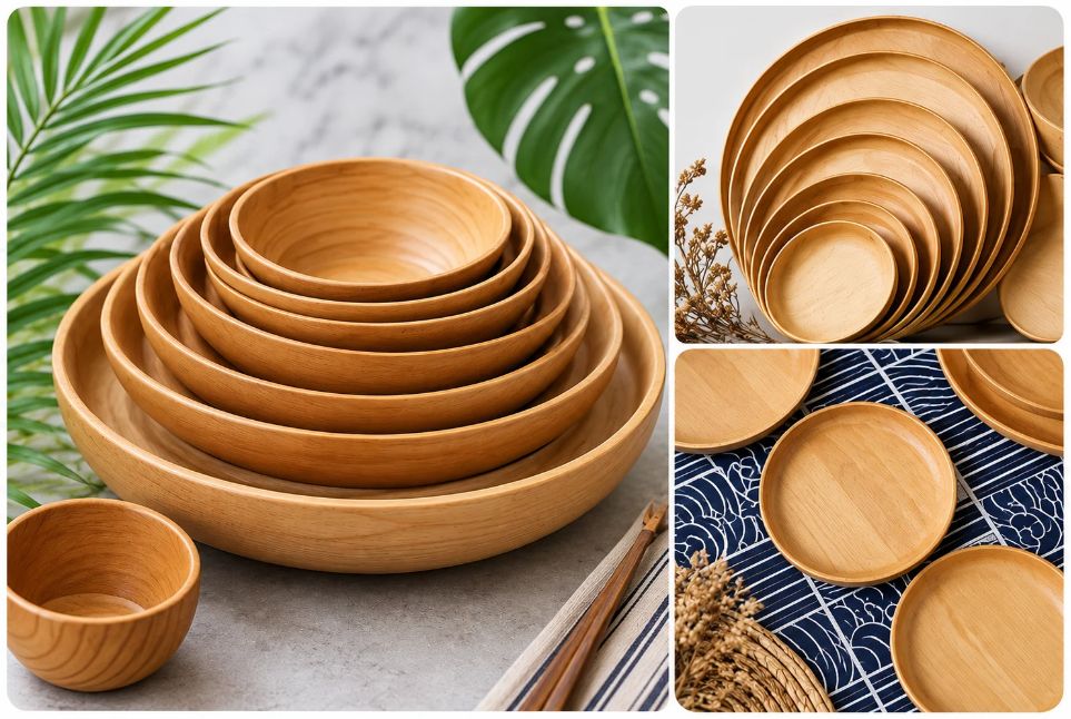 Natural rubber wood bowls and plates arranged in a modern kitchen setting, showcasing eco-friendly wooden dinnerware for everyday meals.