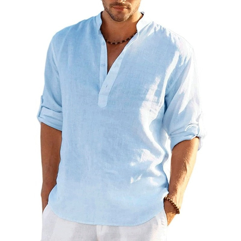 【MODERNIF】LeCon Linen Long Sleeve T-Shirt Linen Shirt Long Sleeve - Aqua Floral